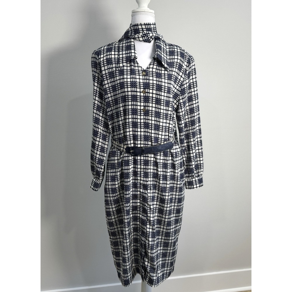 Vintage Schrader Petite Plaid Dress Size 10 Navy White Belt Scarf‎ Shoulder Pads